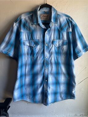 Cavender's Rafters Blue Pearl Snap Western Shirt Plaid Cowboy‎ Ranch Rodeo L